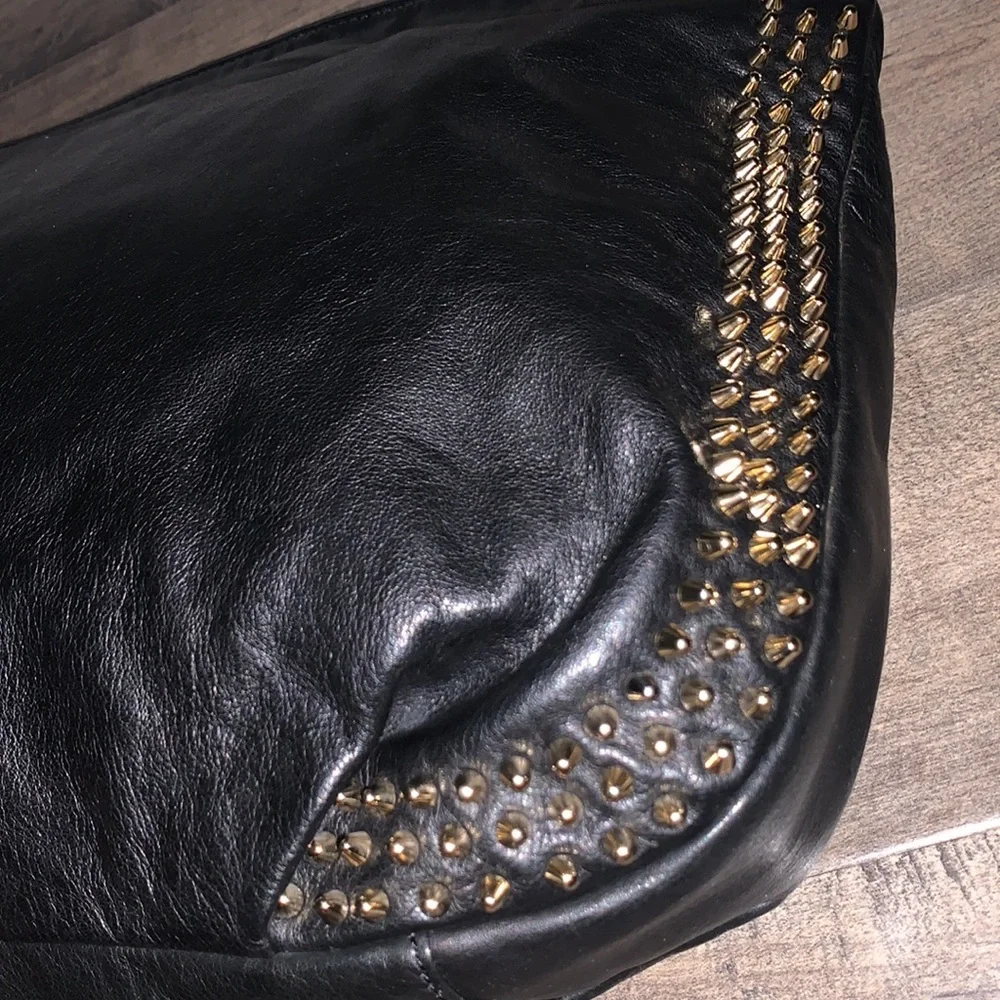 REBECCA MINKOFF BLACK LEATHER GOLD STUDDED HANDBAG - Picture 9 of 10